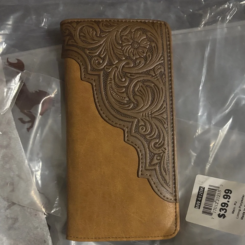 Montana West Tan and Brown Tooled Leather Long Wallet Key & Card Holder